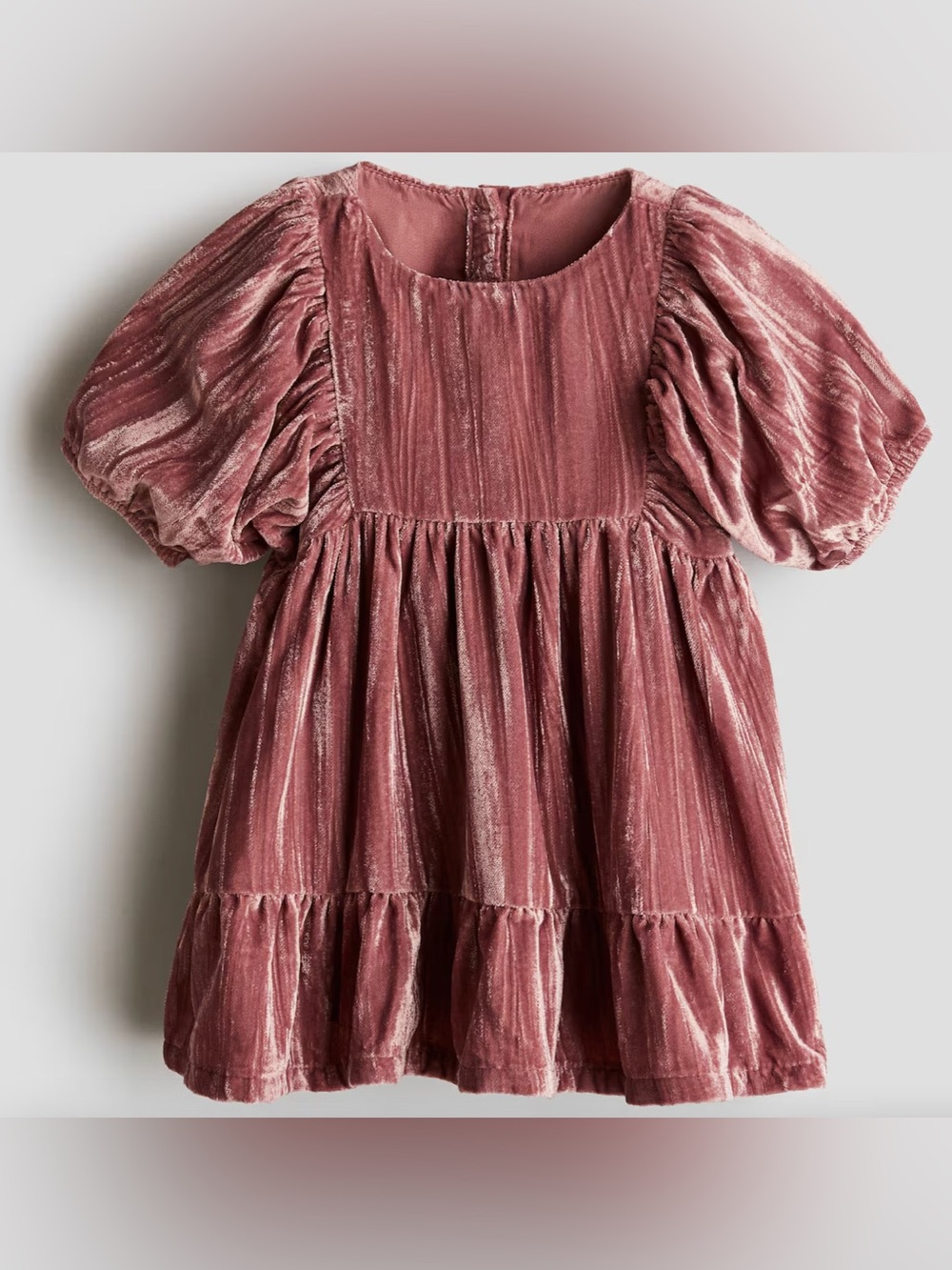 H&M Girls' Velvet Puff-Sleeve Dress in Dusty Rose